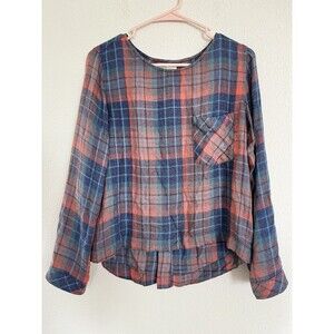 Anthropologie Cloth & Stone Plaid Pocket Back Tie Up Top Red Blue Flannel Size S